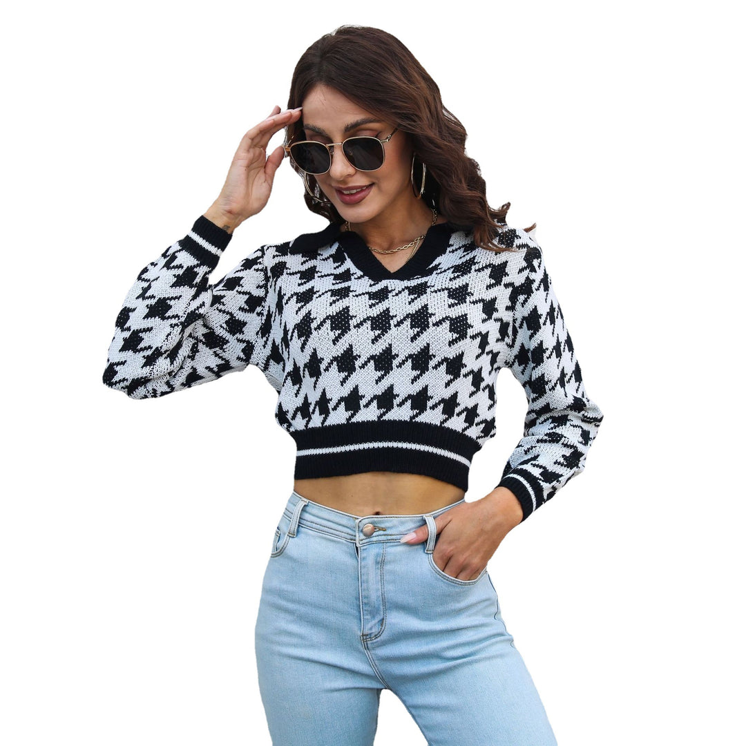 Damen Cropped Pullover mit klassischem Hahnentrittmuster und Polo-Kragen EB