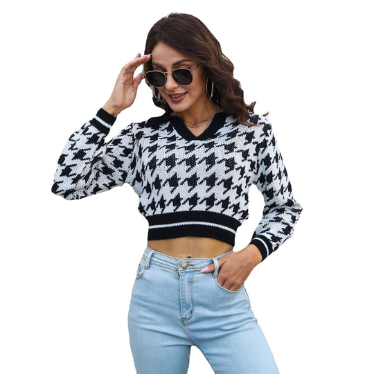Damen Cropped Pullover mit klassischem Hahnentrittmuster und Polo-Kragen EB