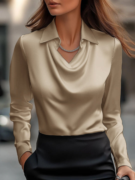 Damen Seidene Bluse mit schickem Wasserfall-Ausschnitt und lange Ärmel EB