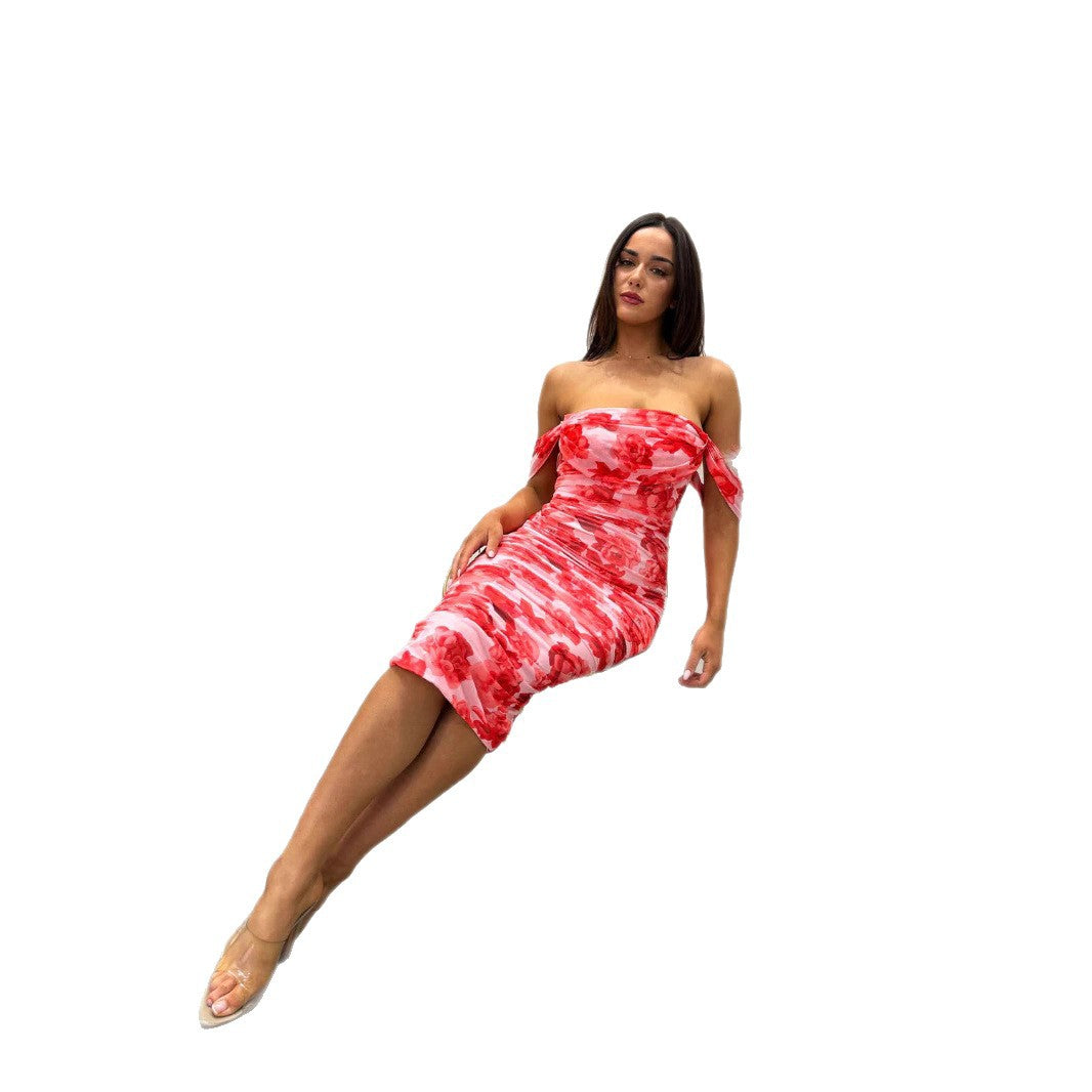 Damen Figurbetontes Midikleid mit schulterfreiem Design und floralem Print EB