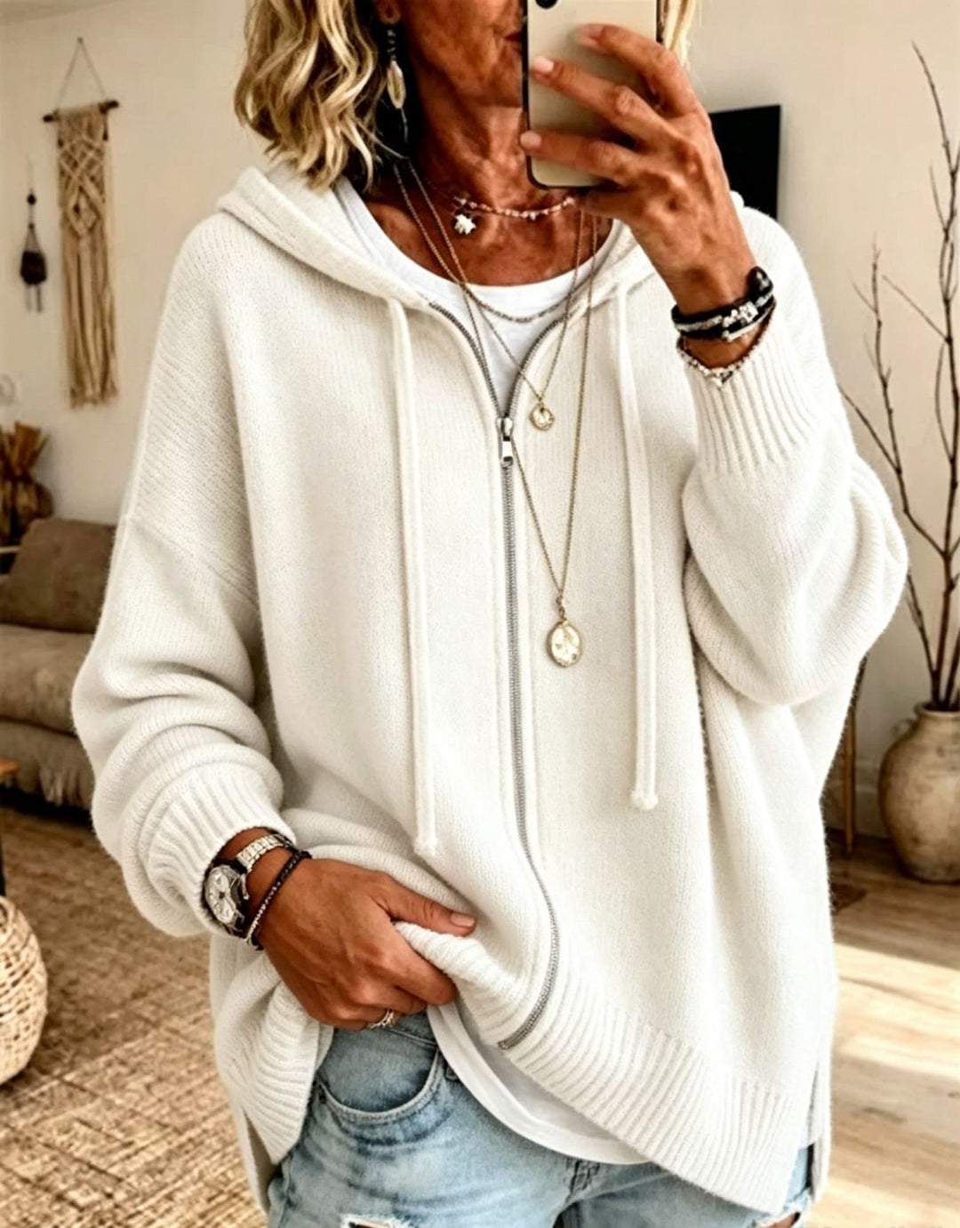 Damen Oversize Kapuzen-Zip-Cardigan aus weichem Feinstrick EB