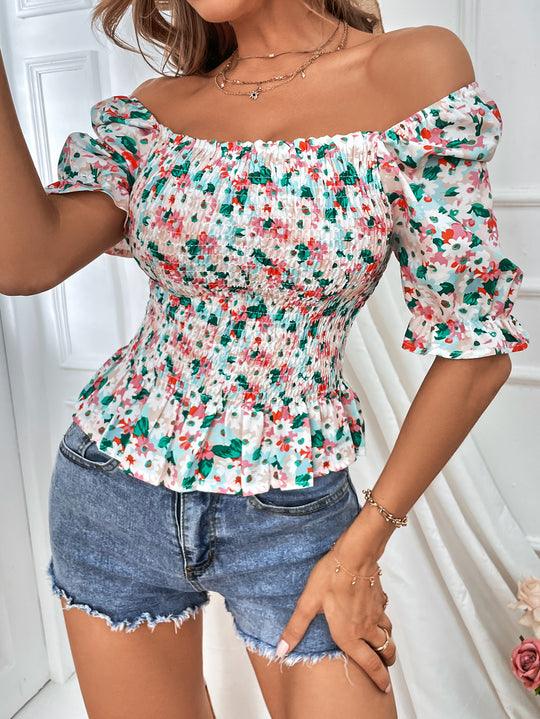 Damen Rüschentop mit Blumenmuster und schulterfreiem Design EB