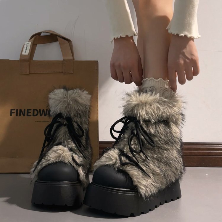 Damen Winterliche Schnür-Boots mit modischem Fellkragen und rutschfester Sohle EB