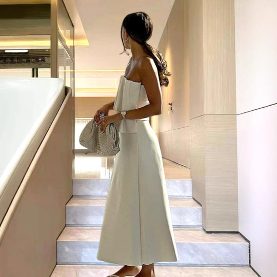 Damen Elegantes Maxi-Kleid mit gerafftem Oberteil und fließendem Saum EB