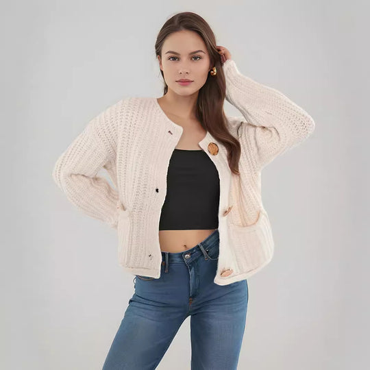Damen Strickjacke mit kreativen Knopfdetails und seitlichen Taschen EB