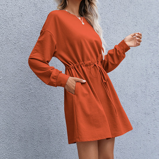 Damen lässiges Sweatshirt-Kleid mit praktischer Taillenschnürung und seitlichen Taschen EB