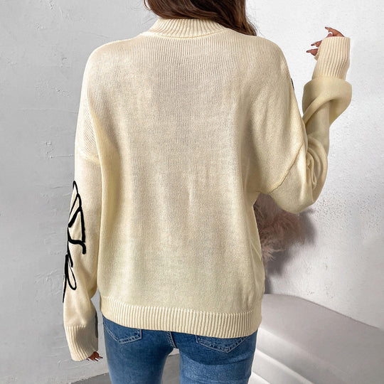 Damen Strickpullover mit floralem Design und hohem Kragen EB