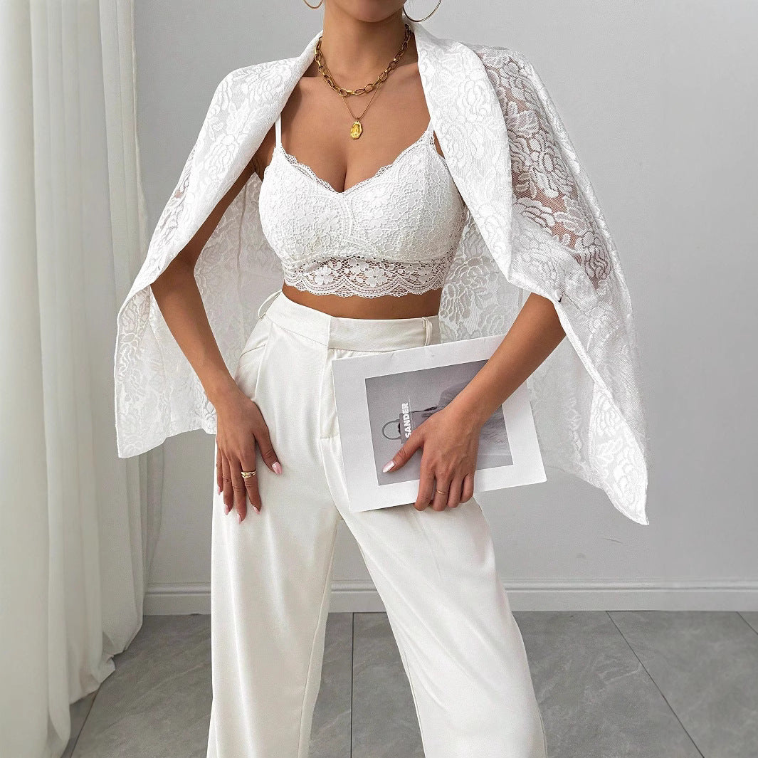 Damen nan Spitzenblazer mit Schalkragen und floraler Transparenz EB
