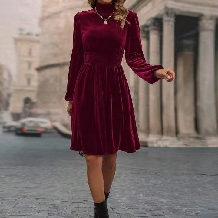 Damen Samtkleid mit hochgeschlossenem Design und eleganten langen Ärmeln EB