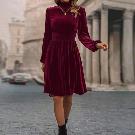 Damen Samtkleid mit hochgeschlossenem Design und eleganten langen Ärmeln EB