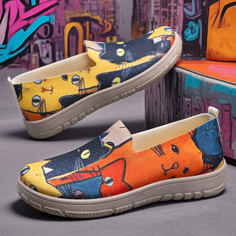 Damen Slip-On Freizeitschuhe mit buntem Katzendesign EB