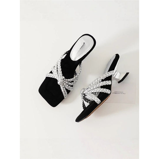 Damen elegante Mules mit geflochtenen Riemen EB