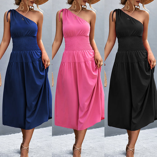 Damen Midikleid mit schnörkellosem Ein-Schulter-Design und elastischem Taillenband EB