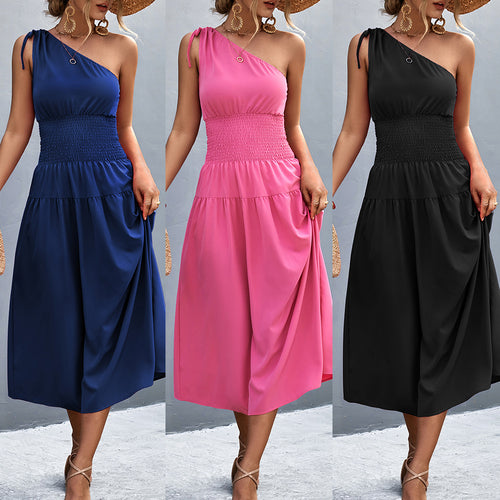 Damen Midikleid mit schnörkellosem Ein-Schulter-Design und elastischem Taillenband EB