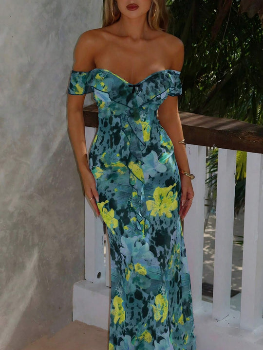 Damen Off-Shoulder Maxikleid mit floralem Muster und Rüschendetails EB