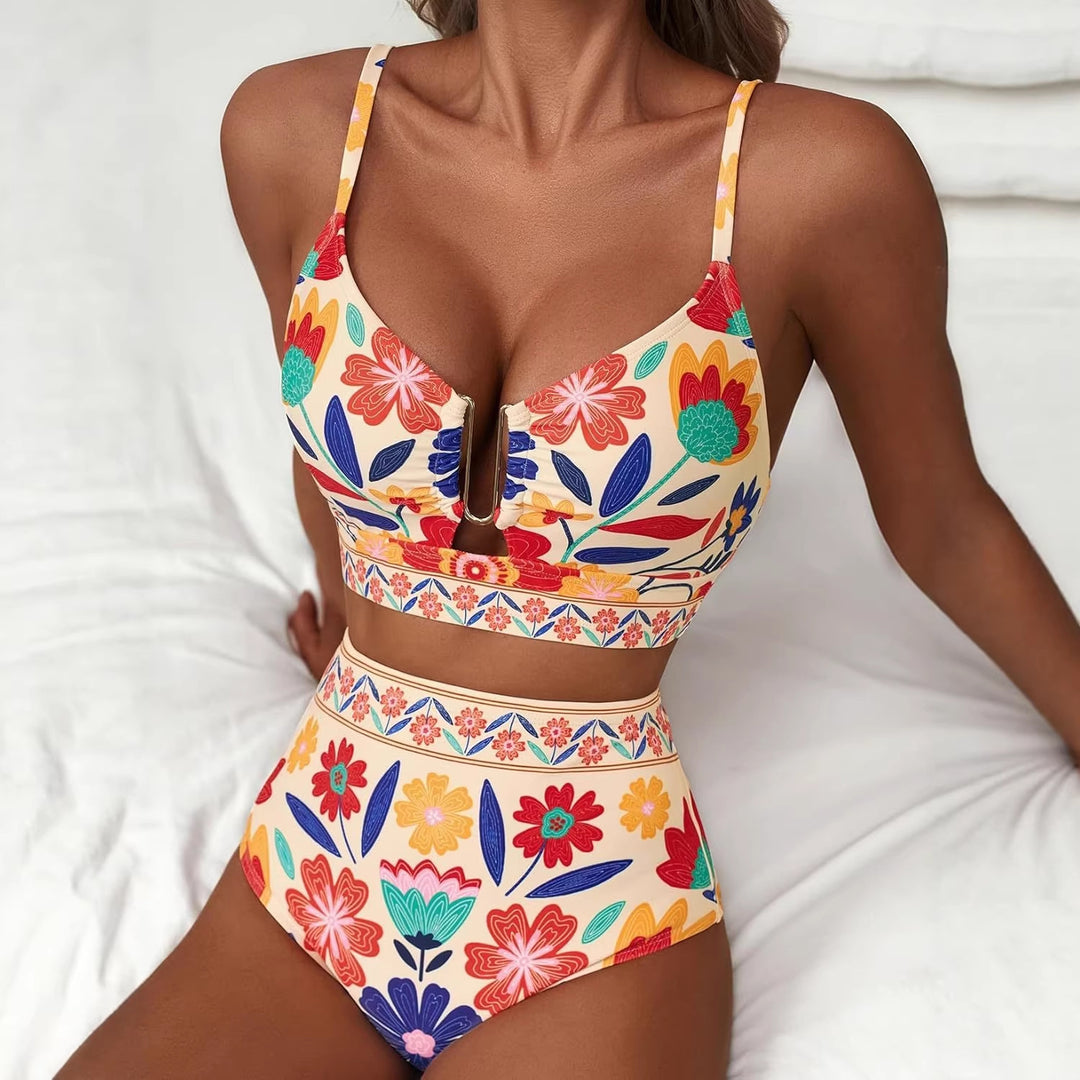 Damen Hoch geschnittener Bikini mit floralem Muster und Leo-Print EB