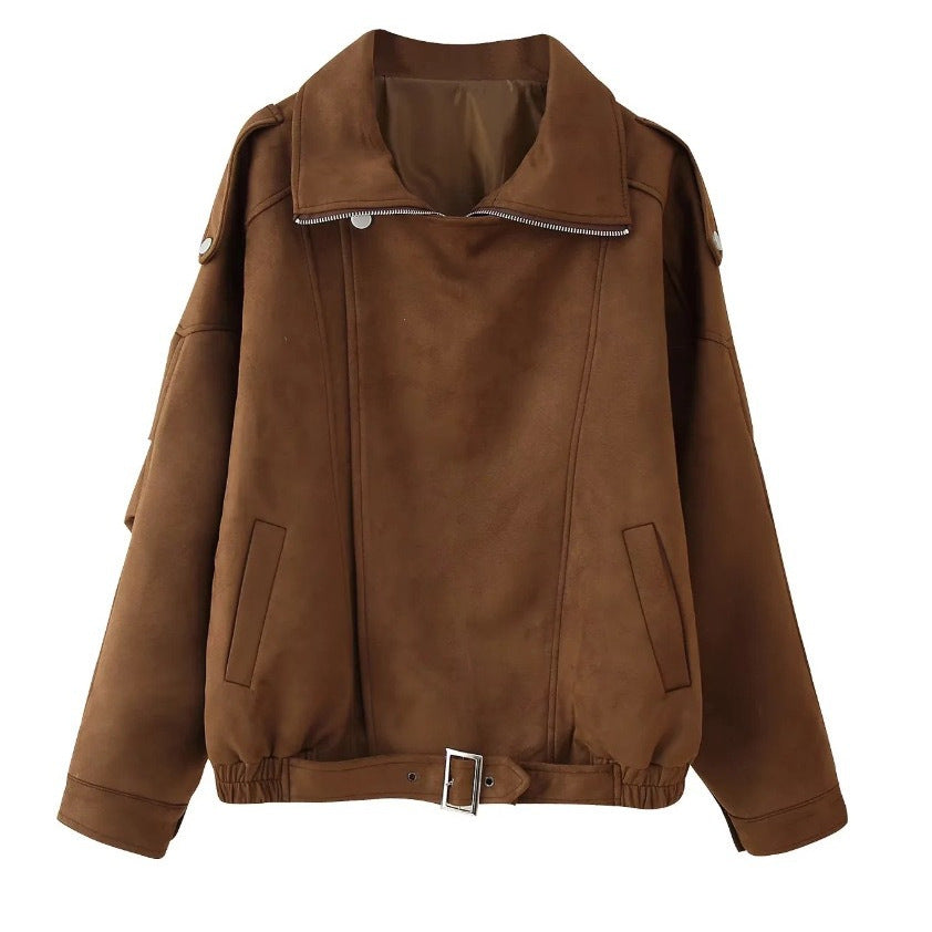 Damen nan oversized Velours-Bikerjacke mit Stehkragen, Schulterklappen und taillierbarem Hüftgürtel EB
