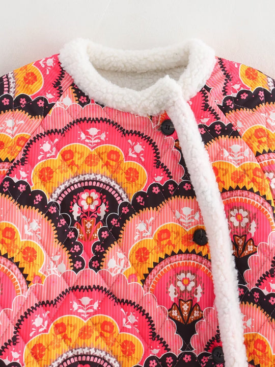 Damen gesteppte Übergangsjacke mit floralem Muster und kuscheligem Fleece EB