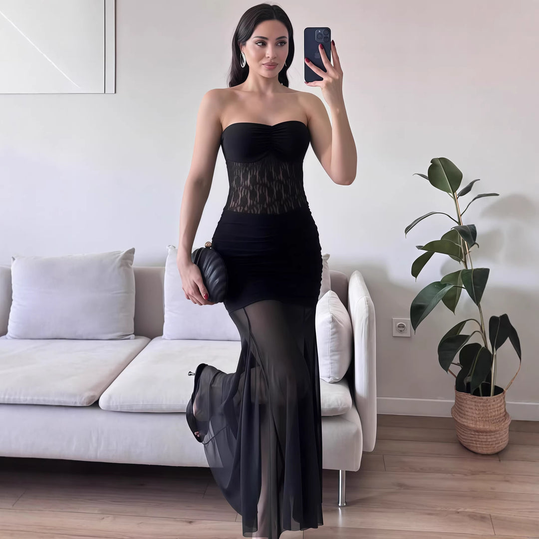 Damen Elegantes bodenlanges Kleid mit Spitzenakzenten EB