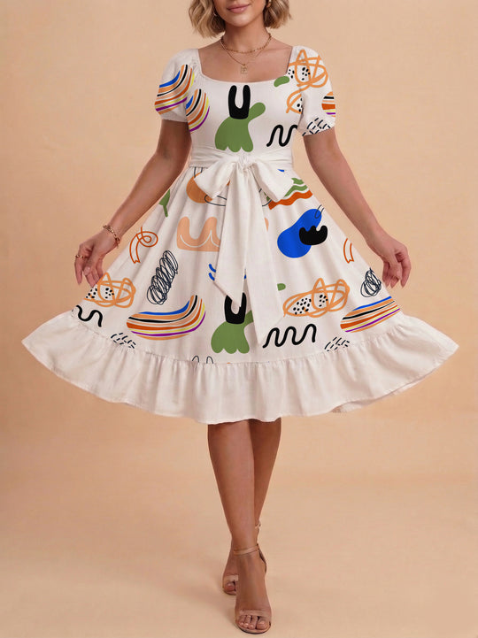 Damen Sommerkleid mit floralem Puffärmel und taillierbarem Gürtel EB