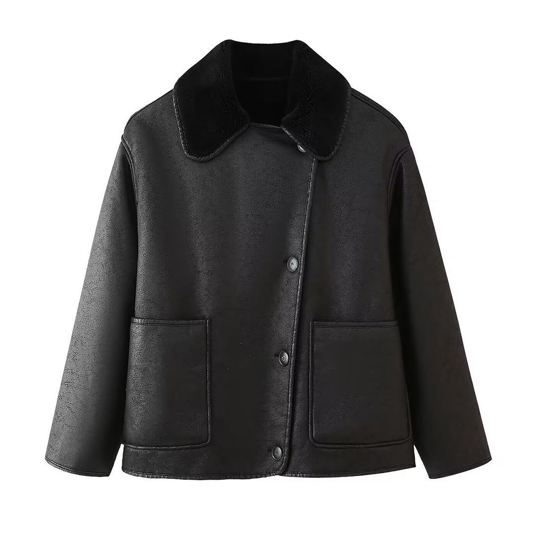 Damen Kunstlederjacke mit luxuriösem Fellkragen und praktischen Taschen EB