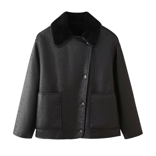 Damen Kunstlederjacke mit luxuriösem Fellkragen und praktischen Taschen EB