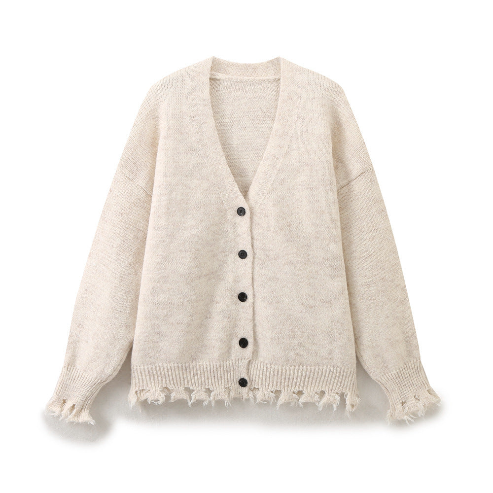 Damen lässige Strickjacke mit fransigem Saum und knöpfbarem Verschluss EB