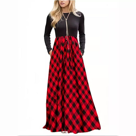 Damen Maxikleid mit modernem Karomuster und langen Ärmeln EB
