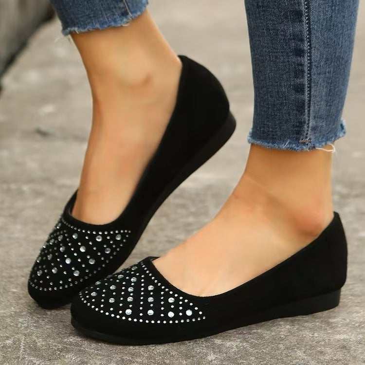 Damen  flache Ballerina-Slipper aus Veloursimitat mit Strassapplikation und gepolsterter Komfortinnensohle EB