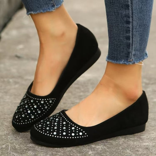 Damen  flache Ballerina-Slipper aus Veloursimitat mit Strassapplikation und gepolsterter Komfortinnensohle EB