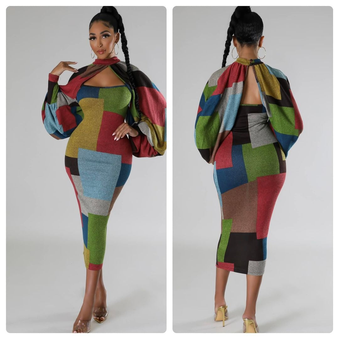 Damen Langarm-Kleid mit geometrischem Schnitt und voluminösen Ärmeln EB