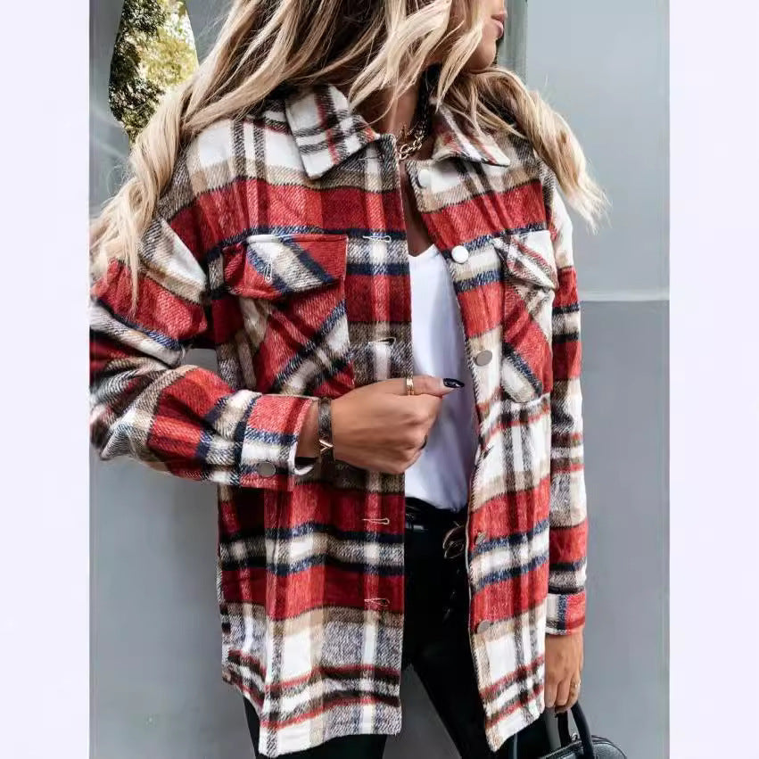 Damen Übergröße Karo-Hemdjacke aus weichem Stoff mit Druckknöpfen EB