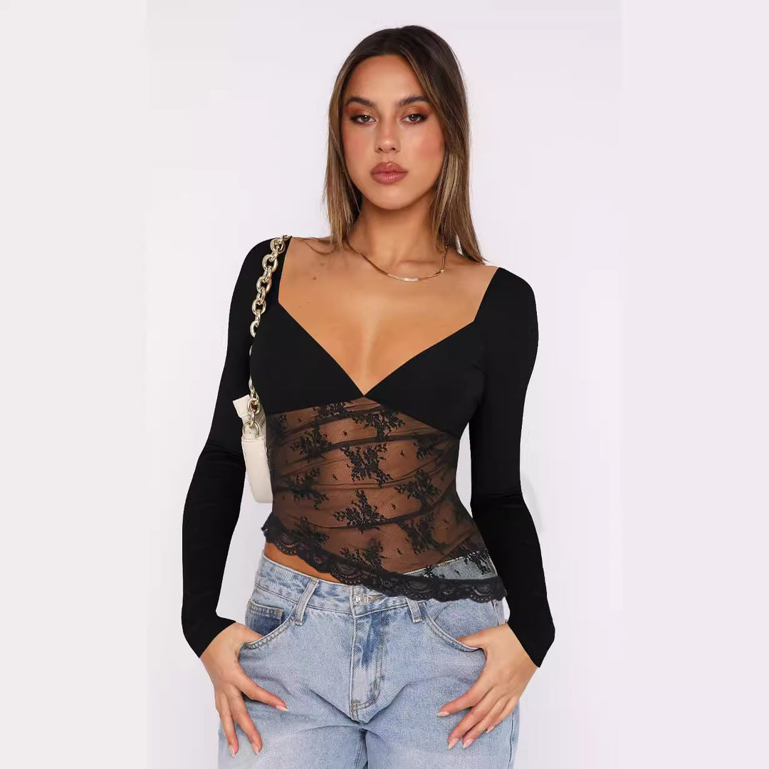 Damen Spitzenbluse mit tiefem V-Ausschnitt und langärmligem Design EB