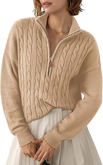 Damen Grobstrick Pullover mit Stehkragen und halbem Reißverschluss EB
