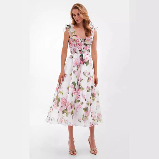 Damen Blumenkleid mit schulterfreiem Design EB