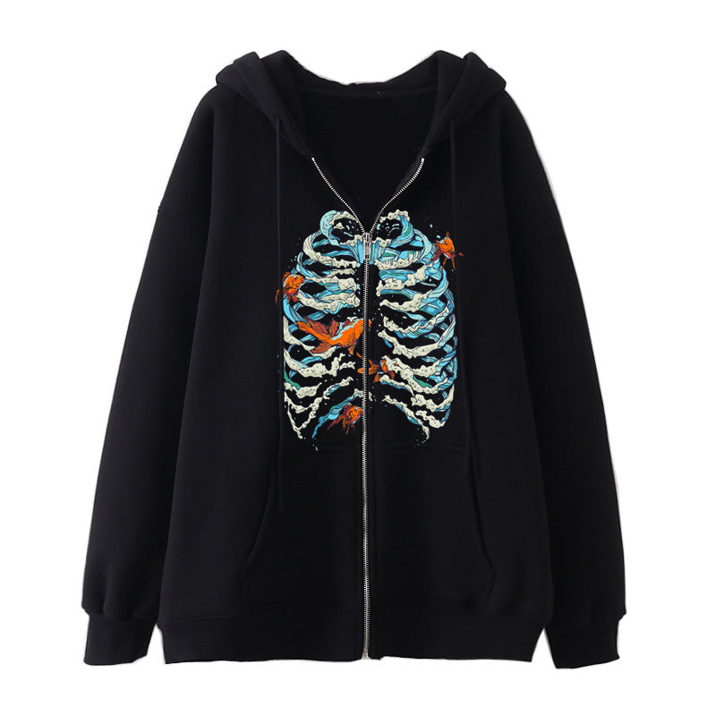 Damen nan Kapuzenjacke mit durchgehendem Reißverschluss und Rippenherz-Print EB