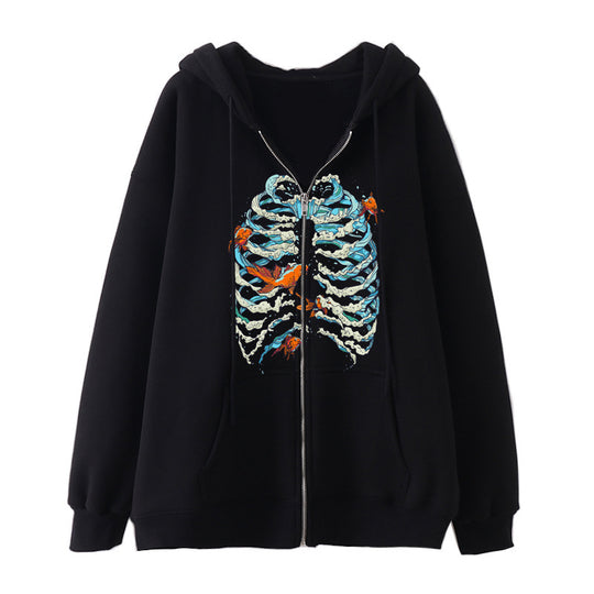 Damen nan Kapuzenjacke mit durchgehendem Reißverschluss und Rippenherz-Print EB