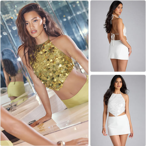 Damen Glamouröses Haltertop mit funkelnden Pailletten und elegantem Schnitt EB
