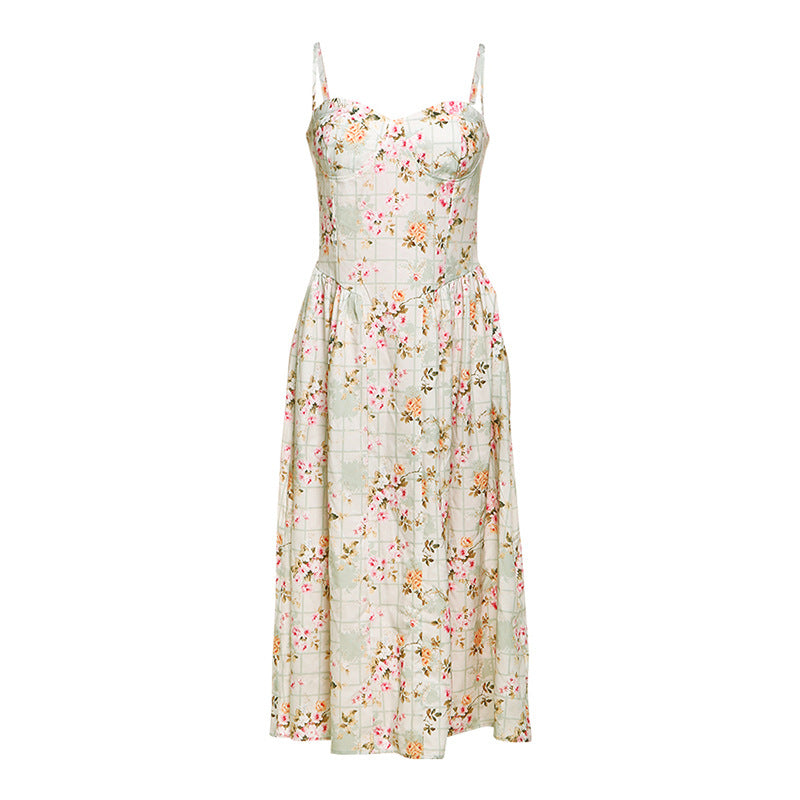 Damen Blumendesign Midi-Kleid mit Spaghettiträgern und fließendem Rock EB