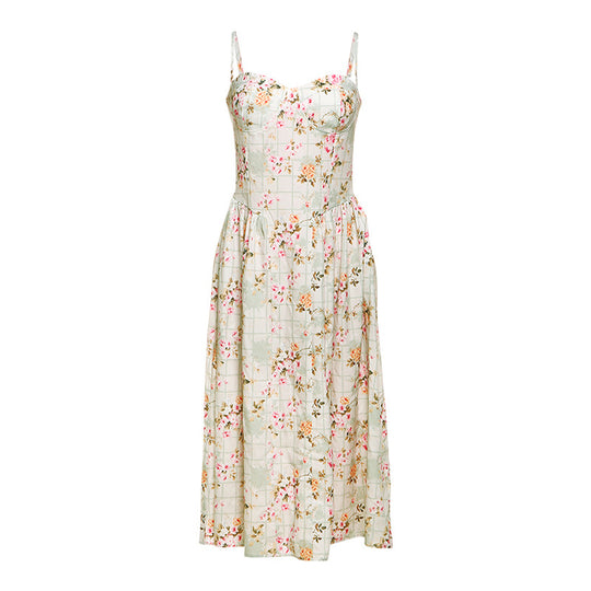 Damen Blumendesign Midi-Kleid mit Spaghettiträgern und fließendem Rock EB