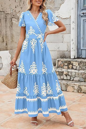Damen Maxikleid mit V-Ausschnitt und kontrastierenden Stickdetails EB
