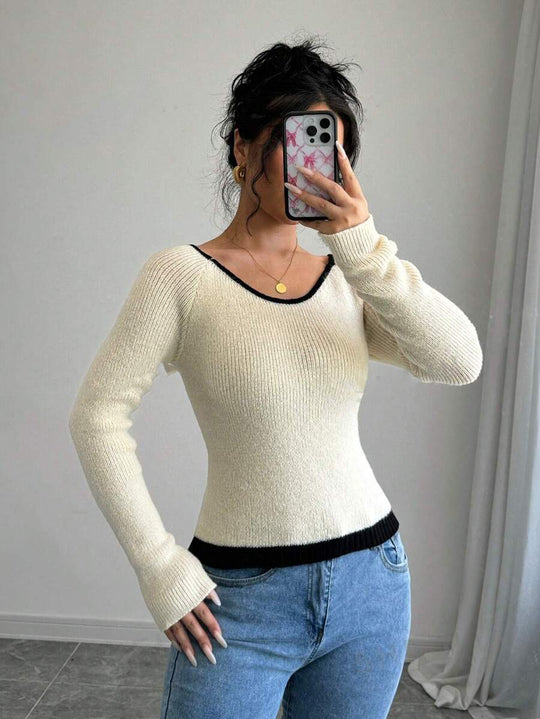 Damen modischer Pullover mit kontrastierendem Saum und tiefem V-Ausschnitt EB