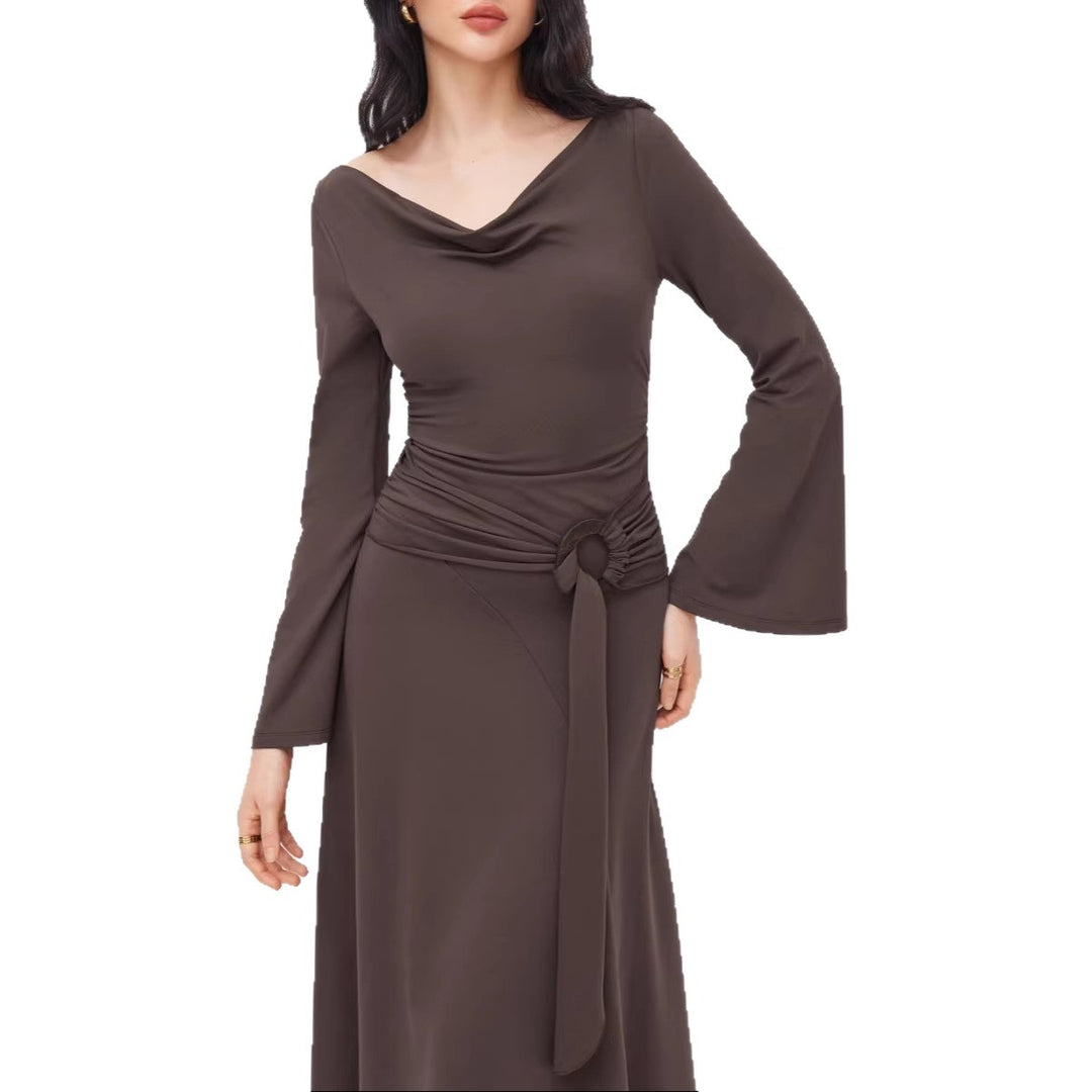 Damen Asymmetrisches Midikleid mit Wasserfallkragen, Glockenärmeln und seitlichem Ringdetail EB