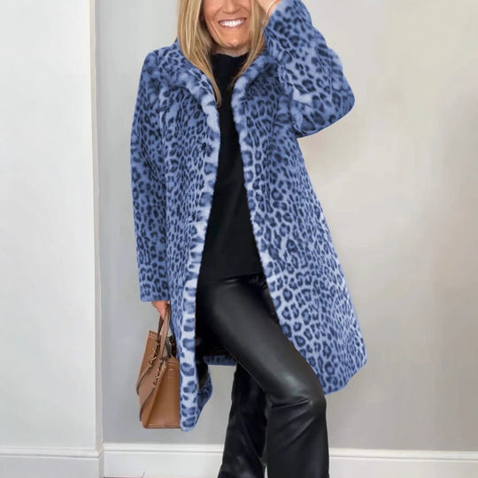 Damen Luxuriöser Teddy-Mantel mit Leopardenmuster und weichem Fleece EB
