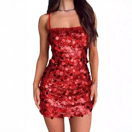 Damen Glitzerndes Minikleid mit Spiralmuster und Spaghettiträgern EB