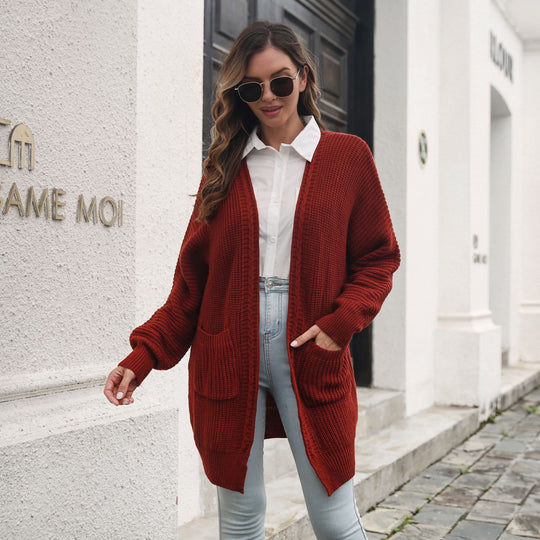 Damen Lässige Strickjacke mit tiefem V-Ausschnitt und praktischen Taschen EB