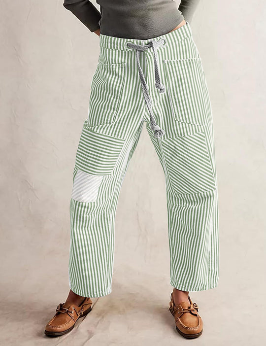 Damen nan lässige gestreifte Leinenhose mit Kordelzug und aufgesetzten Taschen EB
