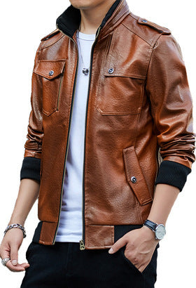 Herren Kunstleder-Flightjacke mit Brust- und Reißverschlusstaschen, Stehkragen und Rippbündchen EB