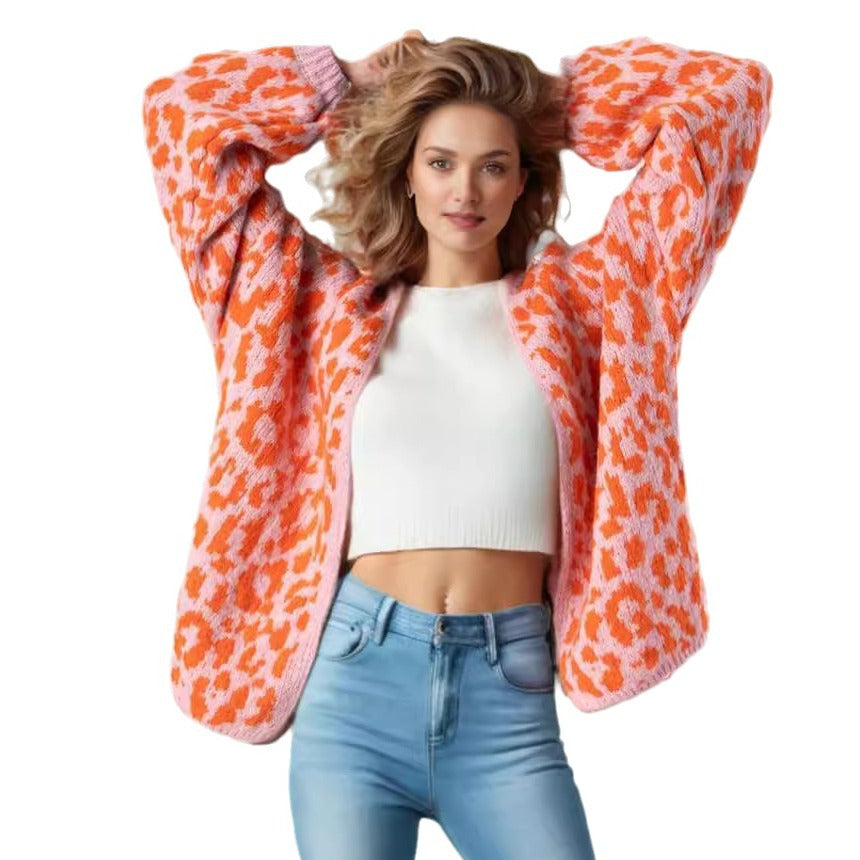 Damen grob gestrickter Cardigan mit stilvollem Leopardenmuster und bequemen Oversize-Details EB