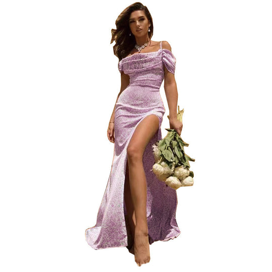 Damen Elegantes Maxikleid mit Off-Shoulder Design und hohem Beinschlitz EB